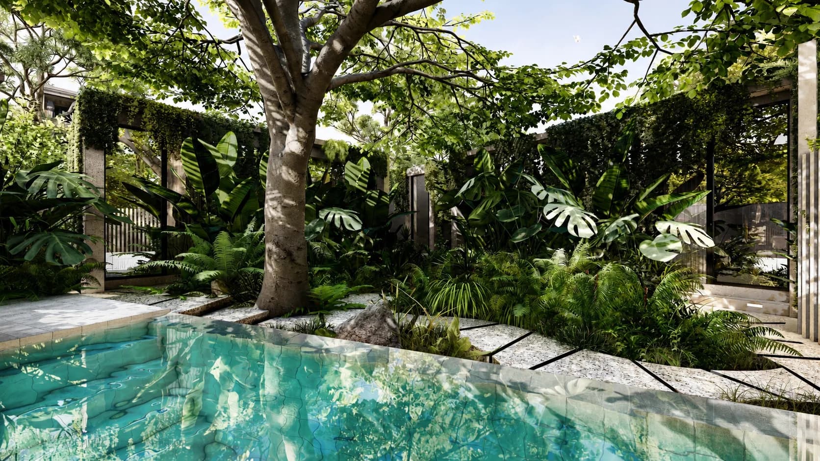 Khala's private garden and pool, framed by dense tropical planting under the tree canopy.