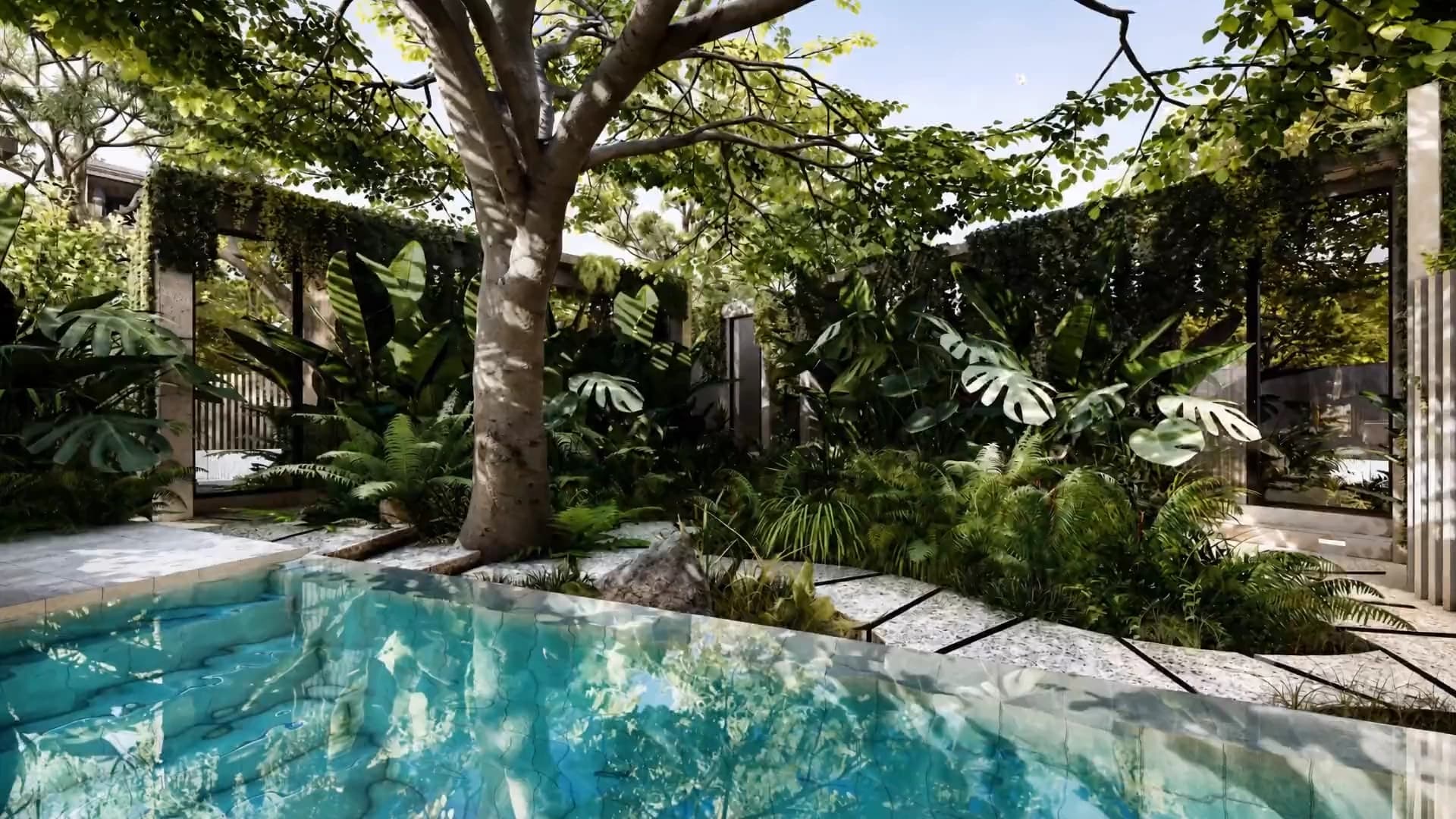 The private garden at Khala: a still pool under a broad tree, edged with ferns and monstera against a planted screen.