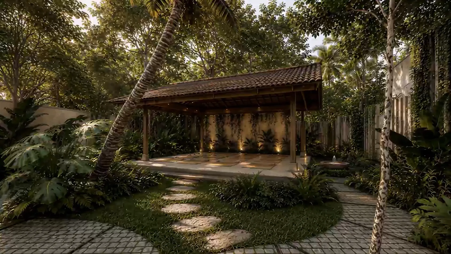 The Shala at Khala: an open timber pavilion under a tiled roof, set among palms and dense planting, reached by stepping stones across the grass.